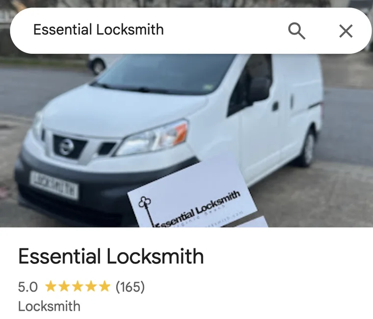 Google business profile showing Essential Locksmith reviews